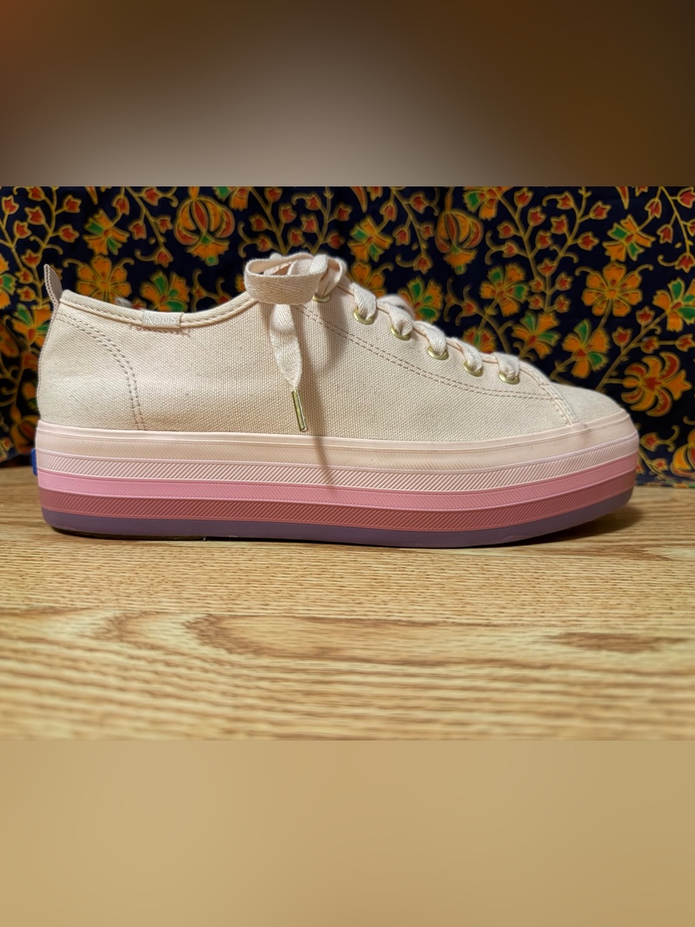 Keds Women's Canvas Platform Sneaker in Cream with Pink and Purple Gradient Sole